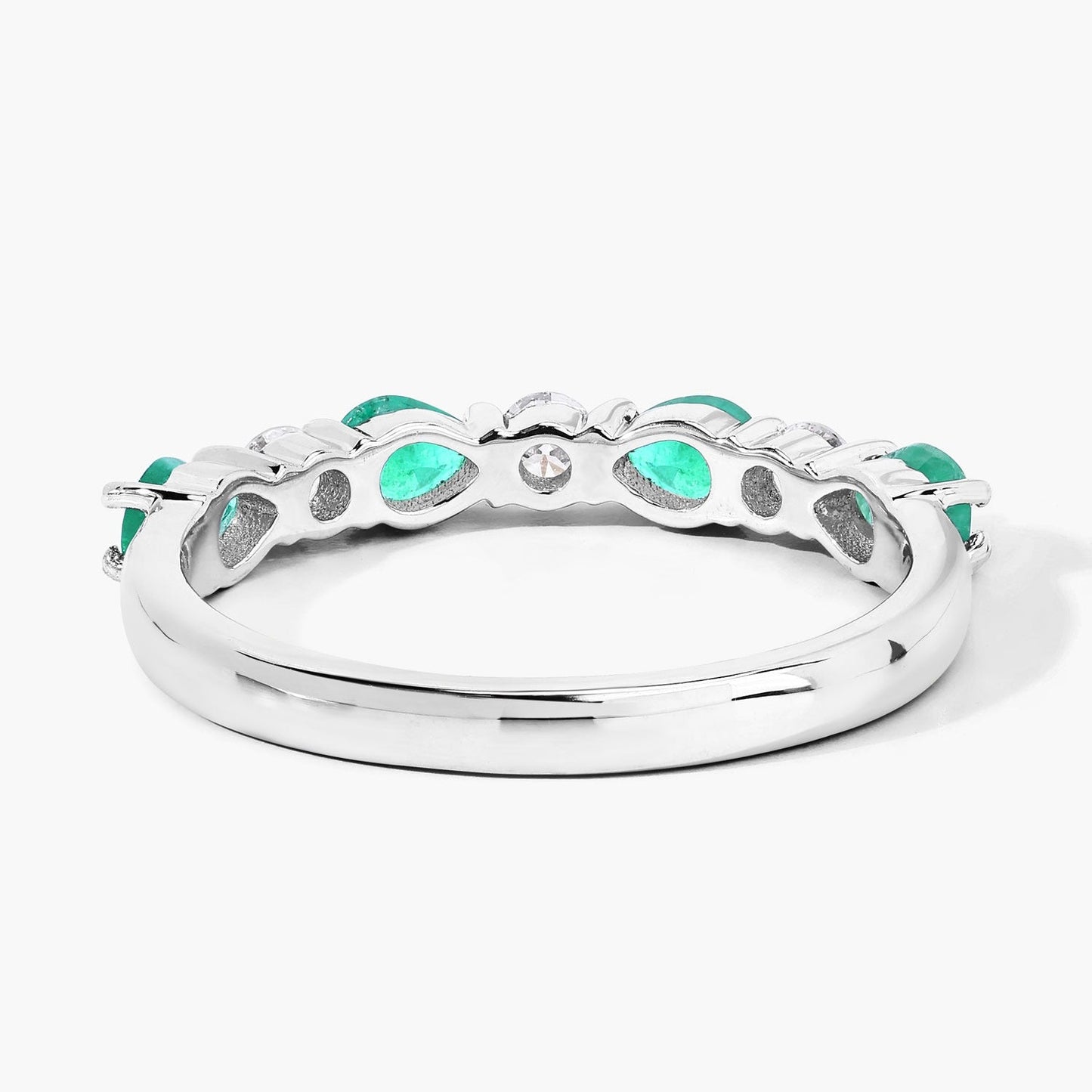 0.56 Ct Pear Green Zambian Emerald & Lab Diamond Prong Silver Seven Stone Half Eternity Ring