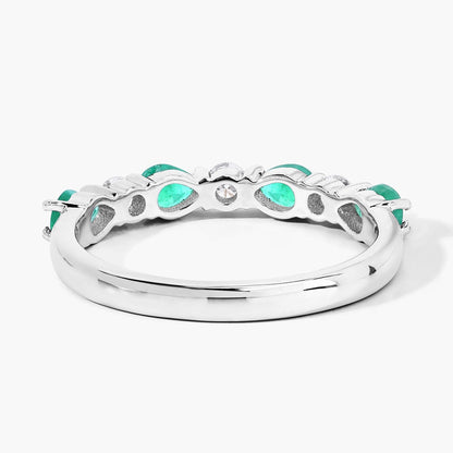 0.56 Ct Pear Green Zambian Emerald & Lab Diamond Prong Silver Seven Stone Half Eternity Ring