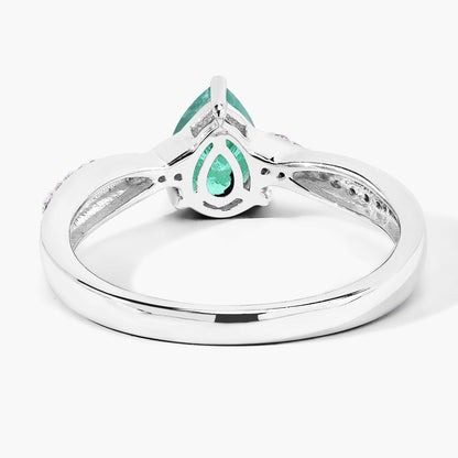 0.65 Ct Pear Green Zambian Emerald & Lab Diamond Prong Silver Pave Crossover Ring
