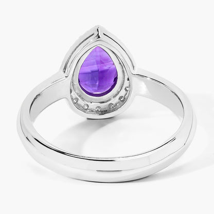 1.15 Ct Pear Purple Amethyst and Lab Diamond Prong Silver Halo Ring