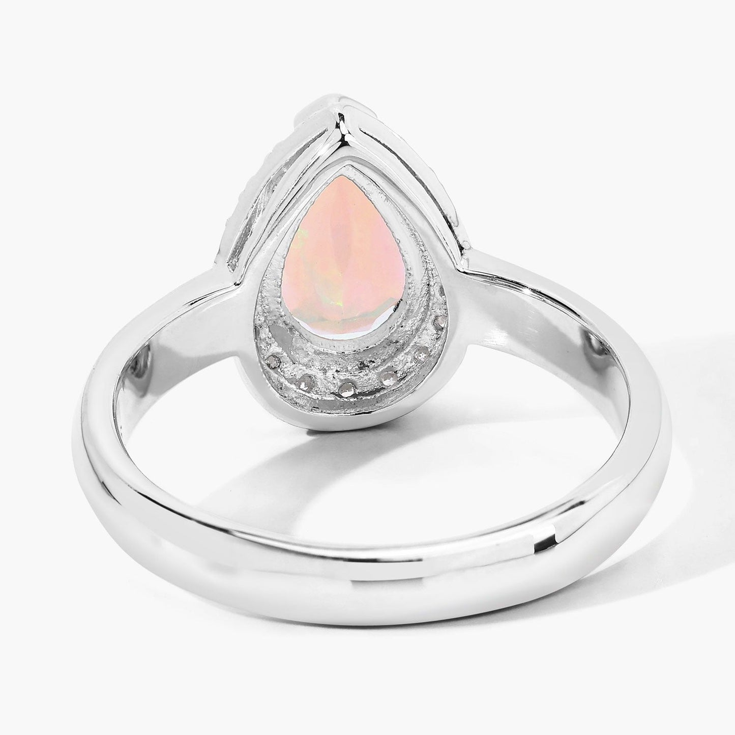 0.90 Ct Teardrop White Ethiopian Opal and Lab Diamond Prong Silver Halo Ring