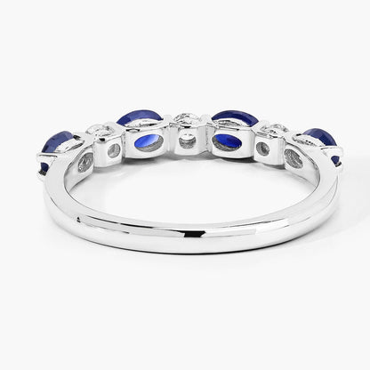 0.88 Ct Oval Blue Sapphire & Lab Diamond Prong Silver Half Eternity Seven Stone Ring