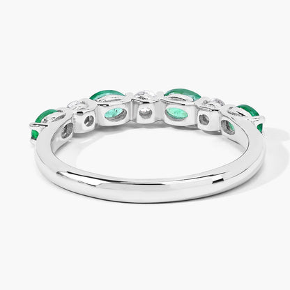 0.60 Ct Oval Green Zambian Emerald & Lab Diamond Prong Silver Half Eternity Seven Stone Ring