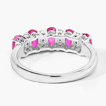 1.10 Ct Oval Pink Ruby & Lab Diamond Prong Silver Half Eternity Band Five Stone Ring