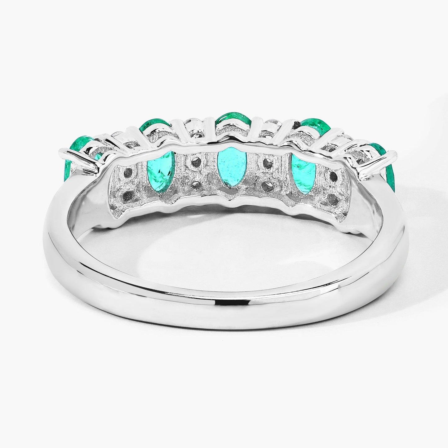 0.95 Ct Oval Green Zambian Emerald & Lab Diamond Prong Silver Half Eternity Band Five Stone Ring