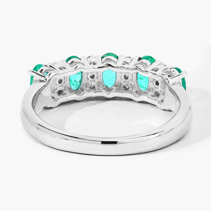 0.95 Ct Oval Green Zambian Emerald & Lab Diamond Prong Silver Half Eternity Band Five Stone Ring
