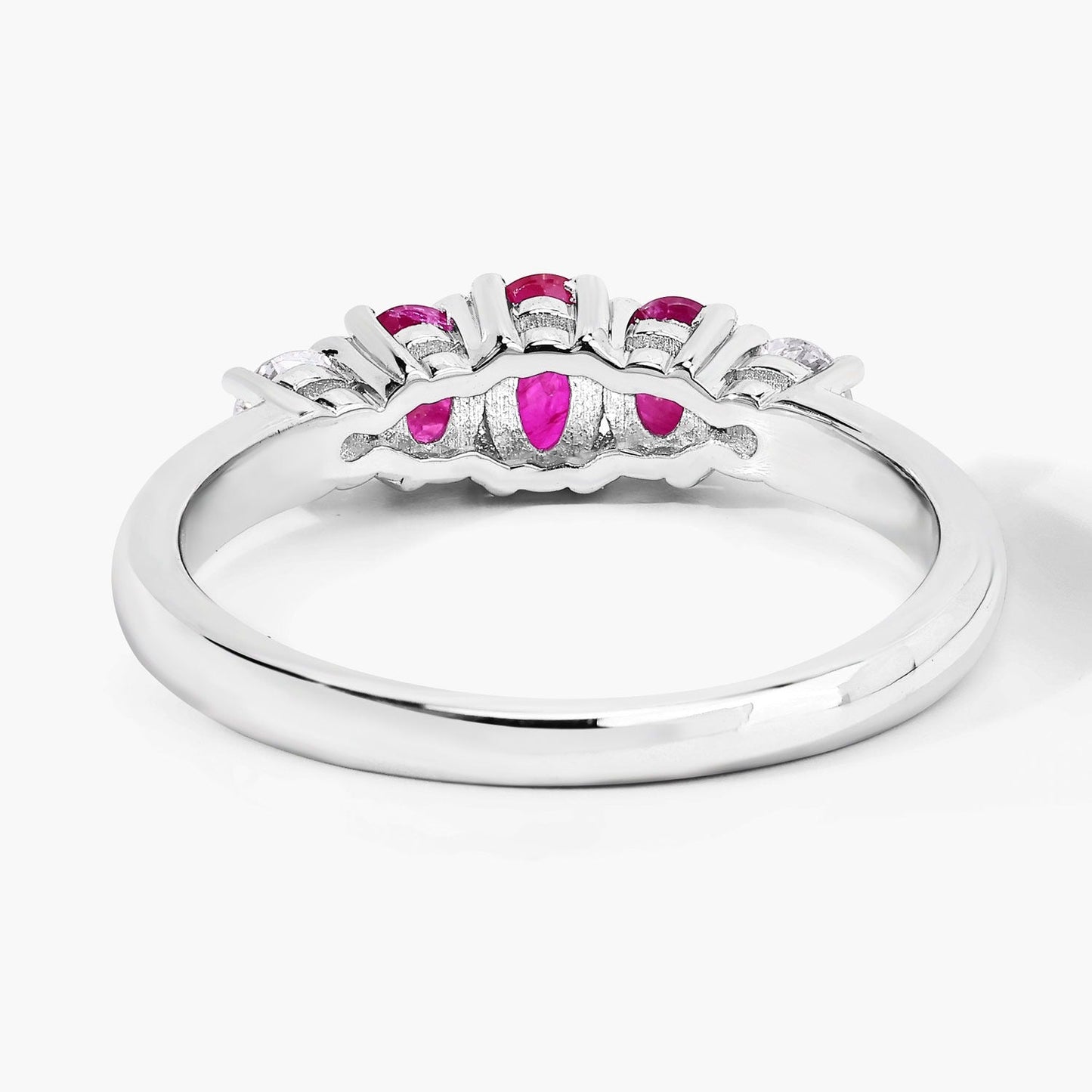 0.62 Ct Oval Pink Ruby & Lab Diamond Prong Silver Graduated Five Stone Ring