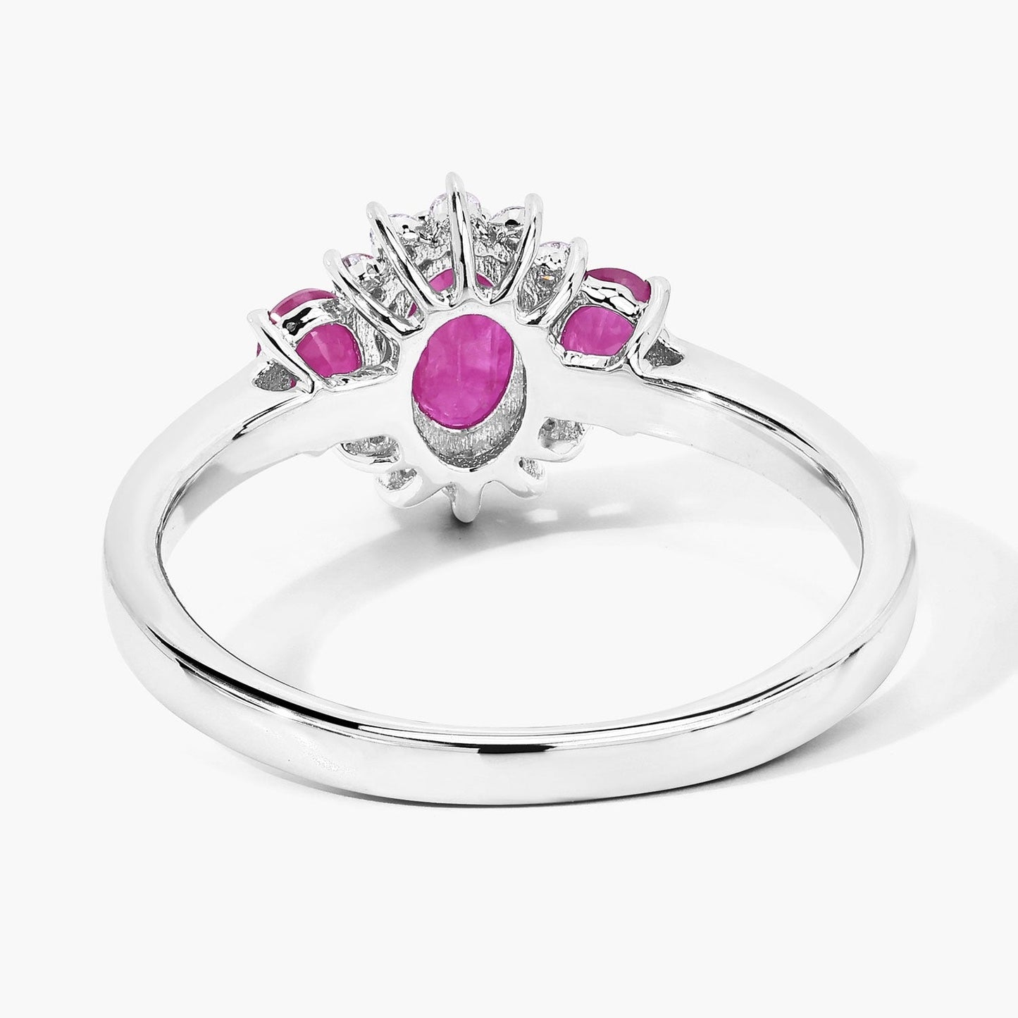 0.92 Ct Oval Pink Mozambique Ruby and Lab Diamond Prong Silver Three Stone Cocktail Ring