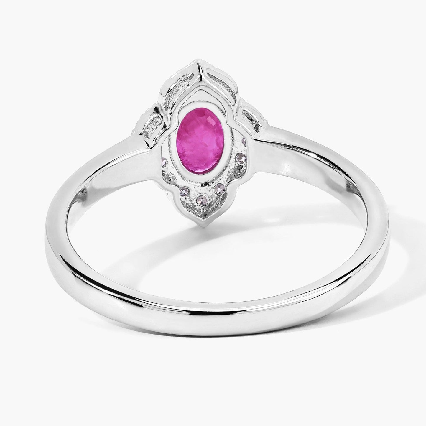 0.52 Ct Oval Pink Mozambique Ruby & Lab Diamond Prong Silver Floral Halo Ring