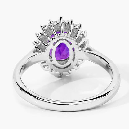 1.60 Ct Oval Purple Amethyst and Lab Diamond Prong Silver Halo Ring