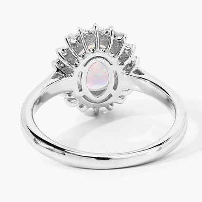 0.90 Ct Oval White Ethiopian Opal and Lab Diamond Prong Silver Halo Ring