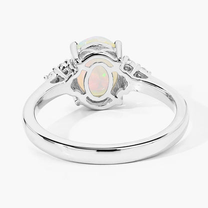 0.90 Ct Oval White Ethiopian Opal and Lab Diamond Prong Silver Cocktail Ring