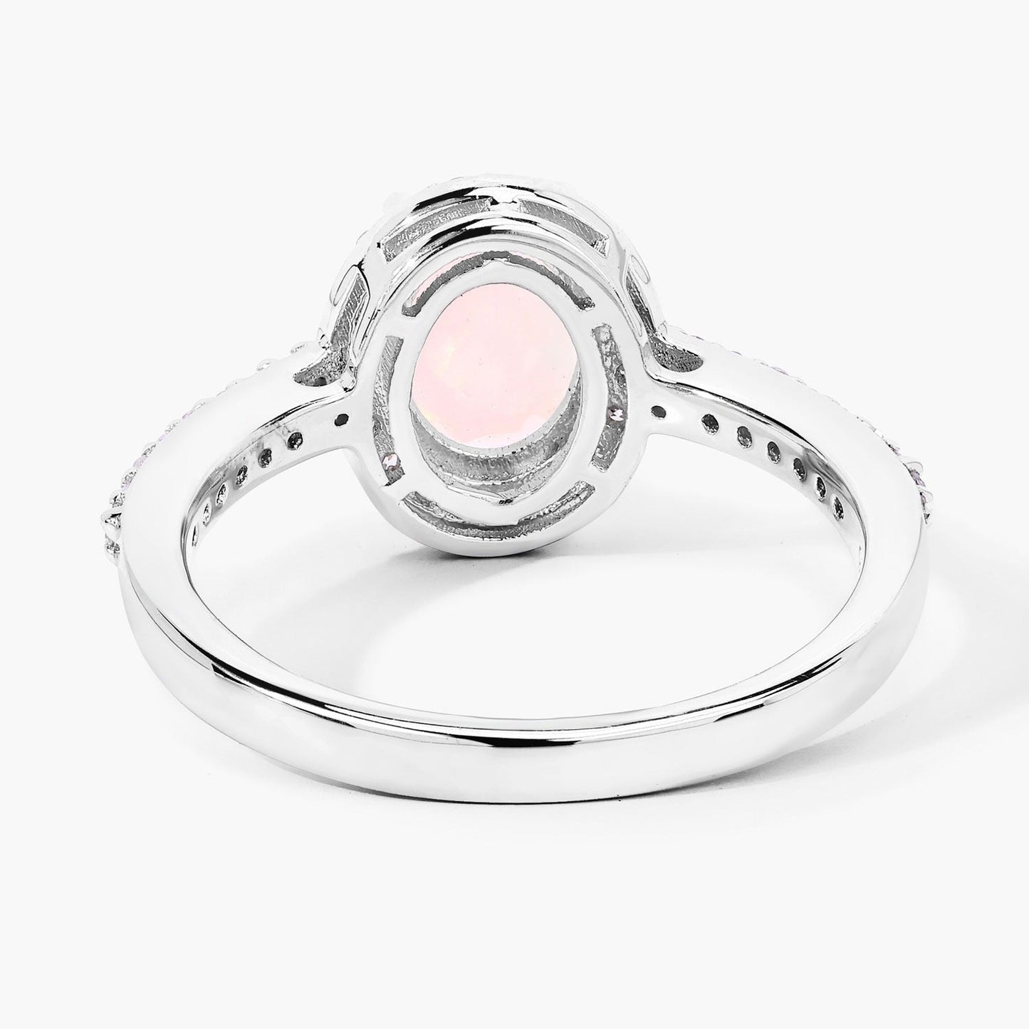 0.65 Ct Oval White Ethiopian Opal and Lab Diamond Prong Silver Halo Pave Ring