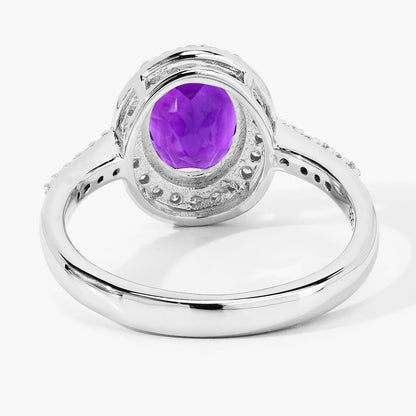 1.60 Ct Oval Purple Amethyst and Lab Diamond Prong Silver Halo Pave Ring