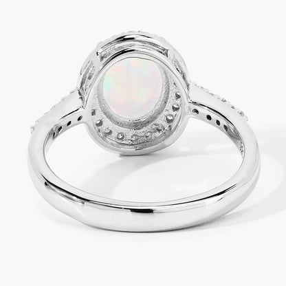 0.90 Ct Oval White Ethiopian Opal and Lab Diamond Prong Silver Halo Pave Ring