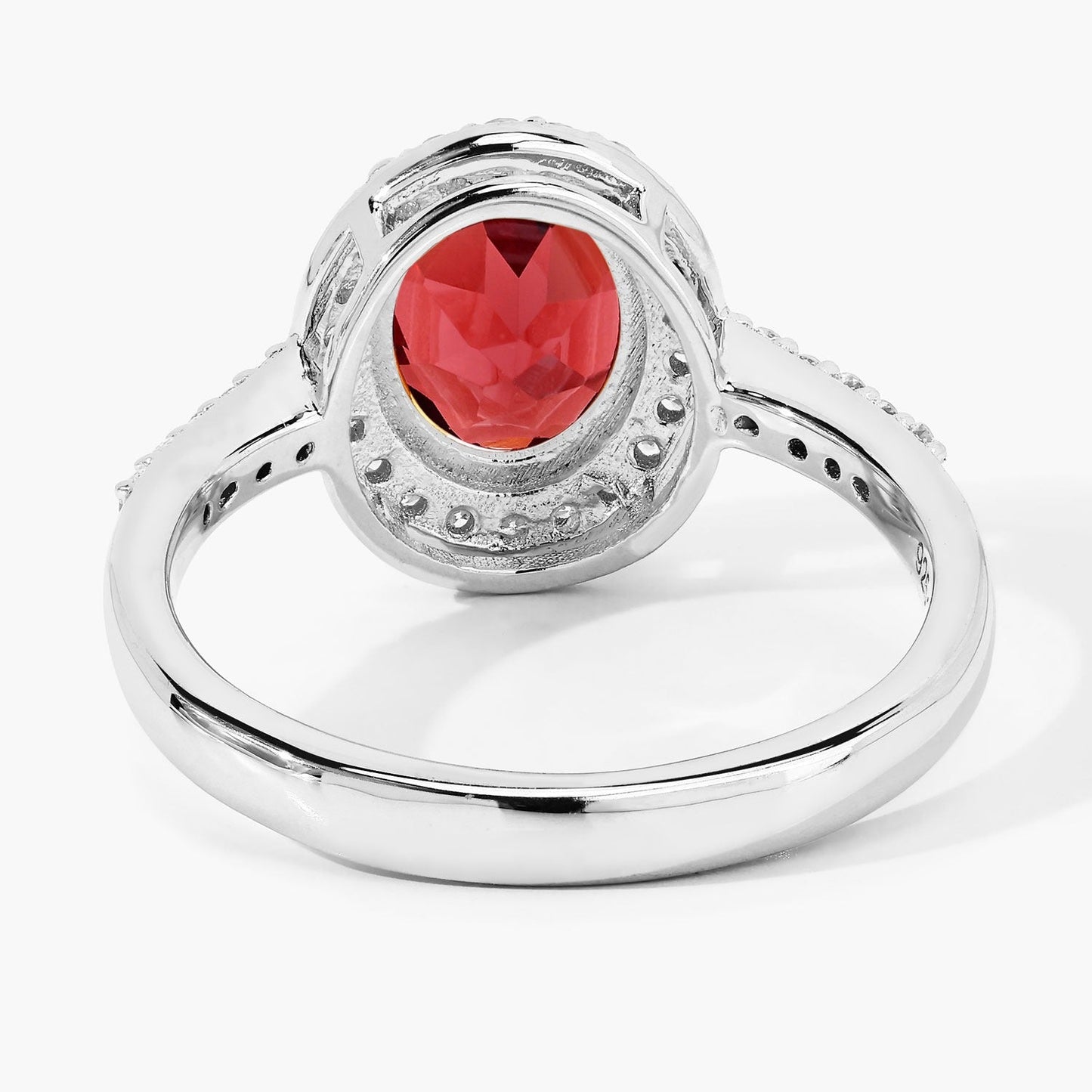 2 Ct Oval Red Mozambique Garnet and Lab Diamond Prong Silver Halo Pave Ring