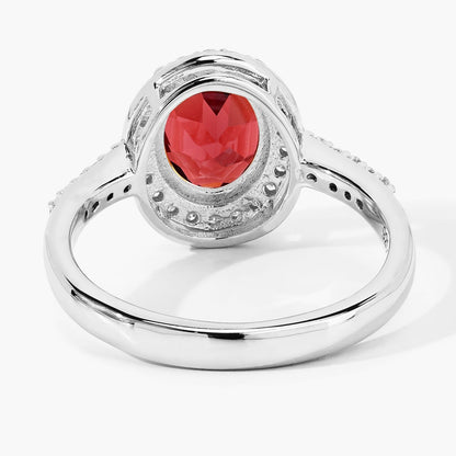 2 Ct Oval Red Mozambique Garnet and Lab Diamond Prong Silver Halo Pave Ring