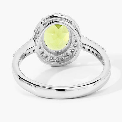 1.70 Ct Oval Green Peridot and Lab Diamond Prong Silver Halo Pave Ring