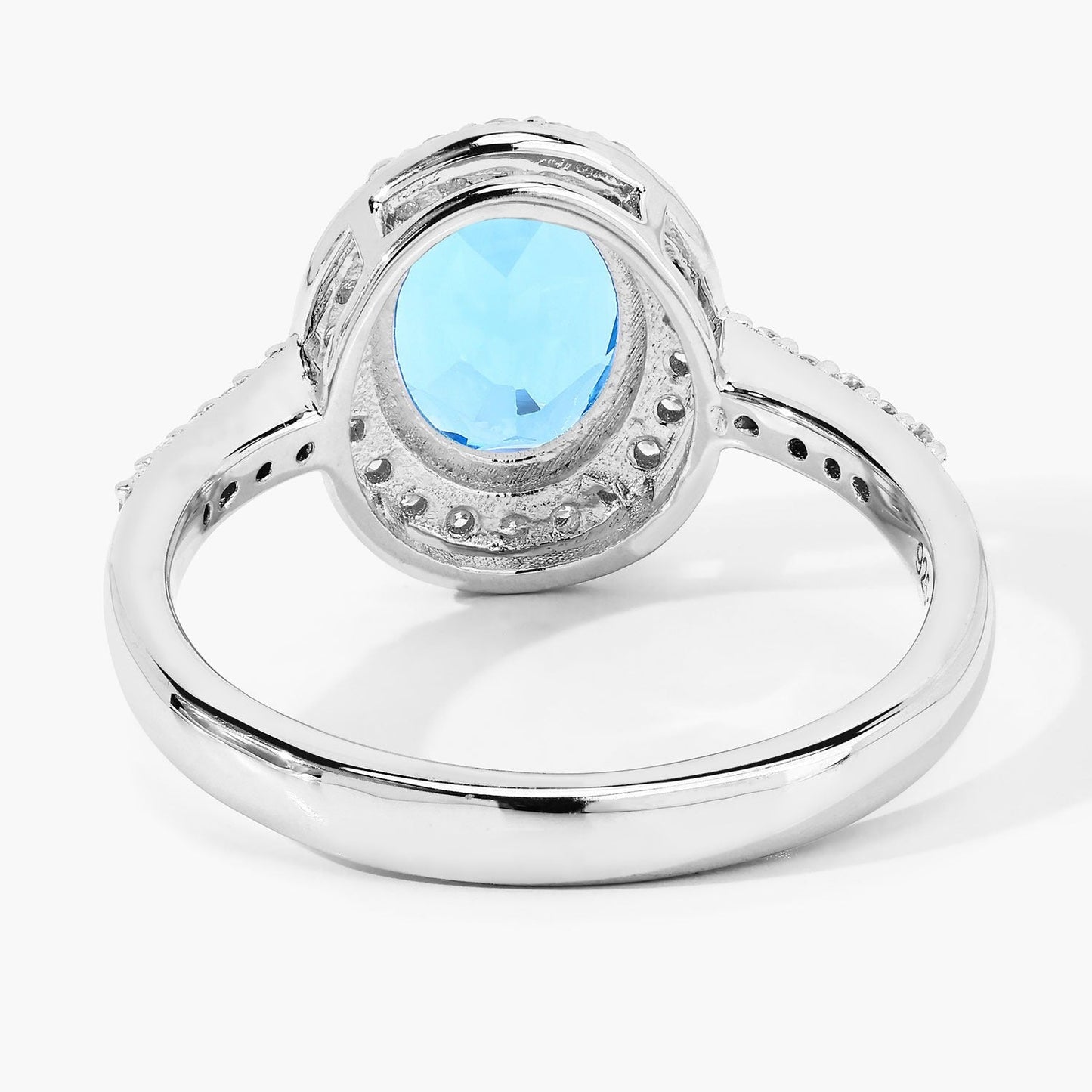 2 Ct Oval Swiss Blue Topaz and Lab Diamond Prong Silver Halo Pave Ring