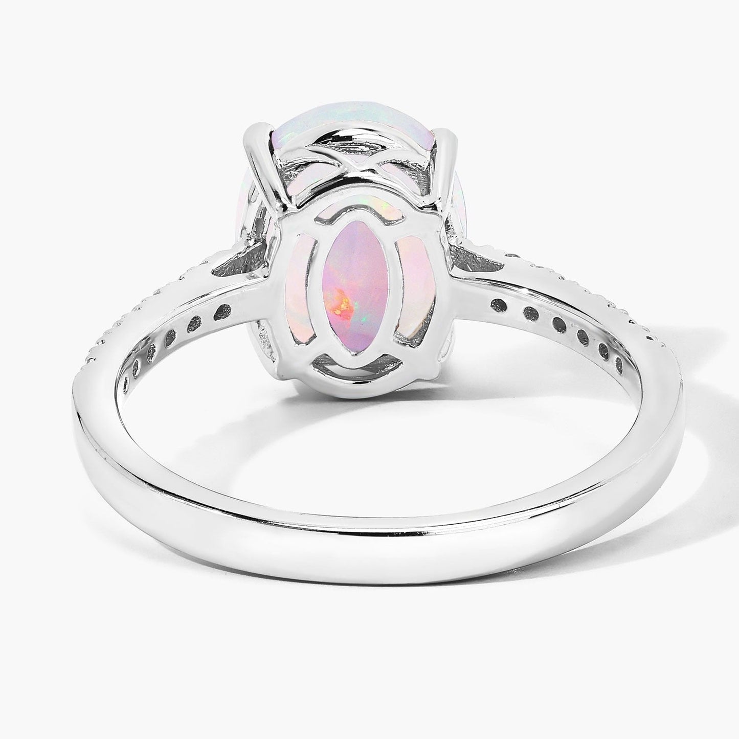 1.56 Ct Oval White Ethiopian Opal and Lab Diamond Silver Pave Bridge Ring