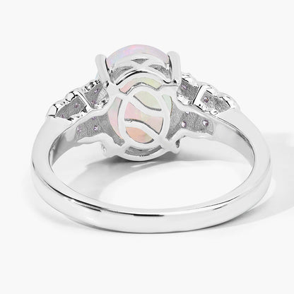 1.56 Ct Oval White Ethiopian Opal & Lab Diamond Prong Silver Bridge Ring