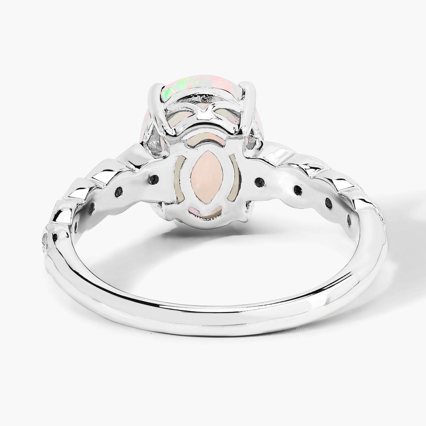 1.56 Ct Oval White Ethiopian Opal and Lab Diamond Prong Silver Bridge Ring