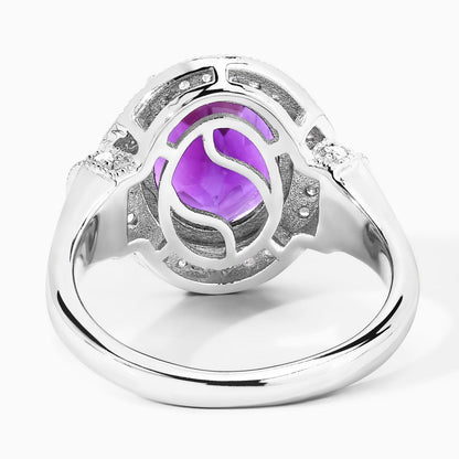 3.20 Ct Oval Purple Amethyst and Lab Diamond Prong Silver Halo Statement Ring