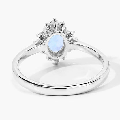 0.60 Ct Oval Blue Aquamarine and Lab Diamond Silver Halo Statement Ring