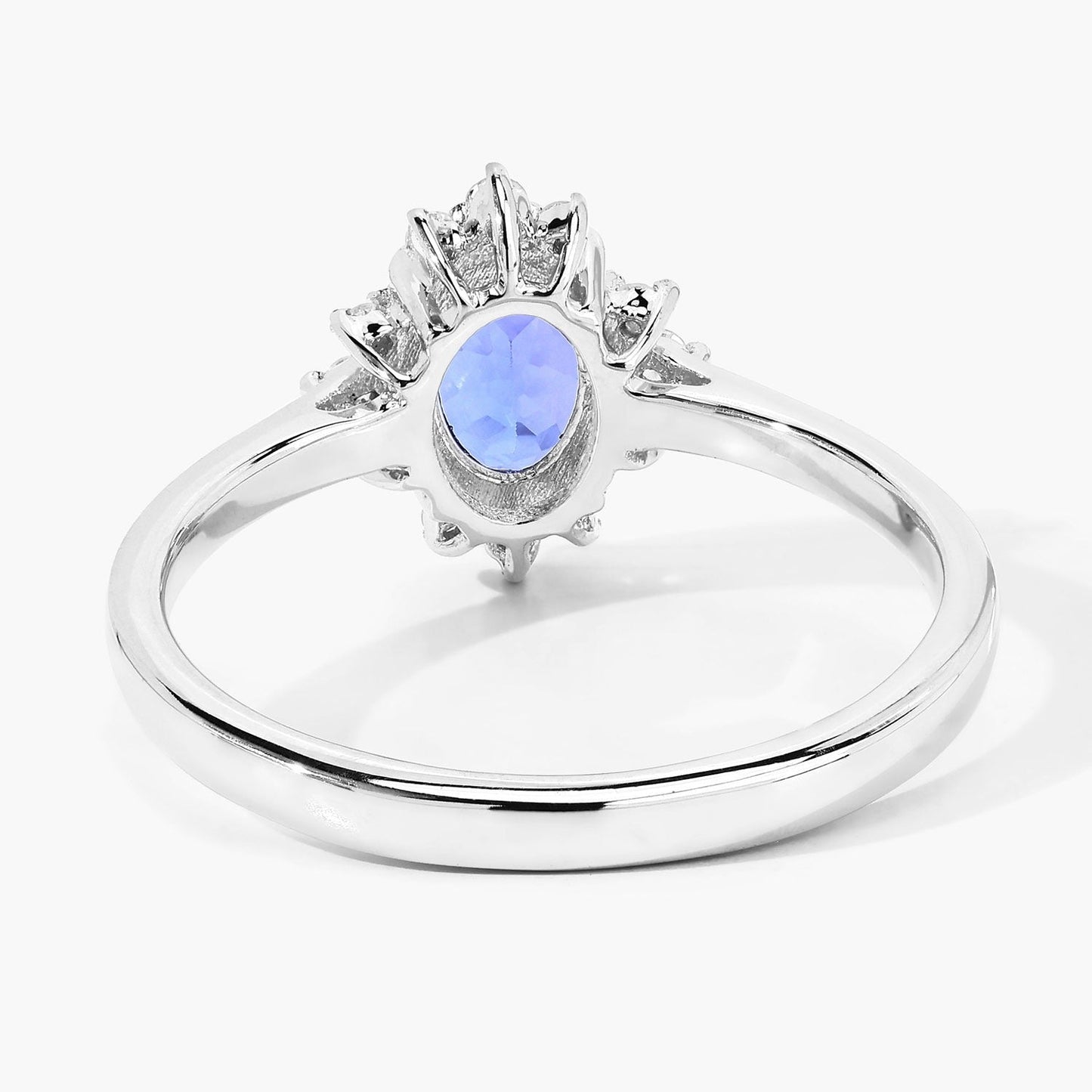 0.75 Ct Oval Violet Tanzanite and Lab Diamond Prong Silver Halo Statement Ring