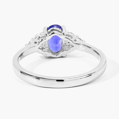0.75 Ct Oval Violet Tanzanite and Lab Diamond Prong Silver Cocktail Ring