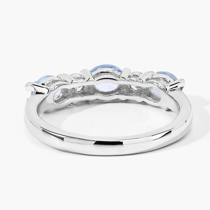 0.87 Ct Oval Blue Aquamarine and Lab Diamond Prong Silver Five Stone Ring