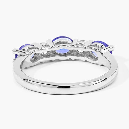 0.99 Ct Oval Violet Tanzanite and Lab Grown Diamond Prong Silver Five Stone Ring