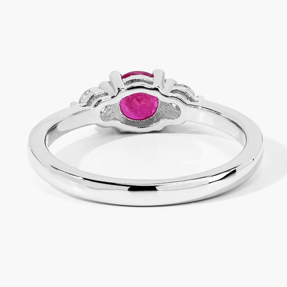 0.55 Ct Round Pink Mozambique Ruby & Lab Diamond Prong Silver Three Stone Ring