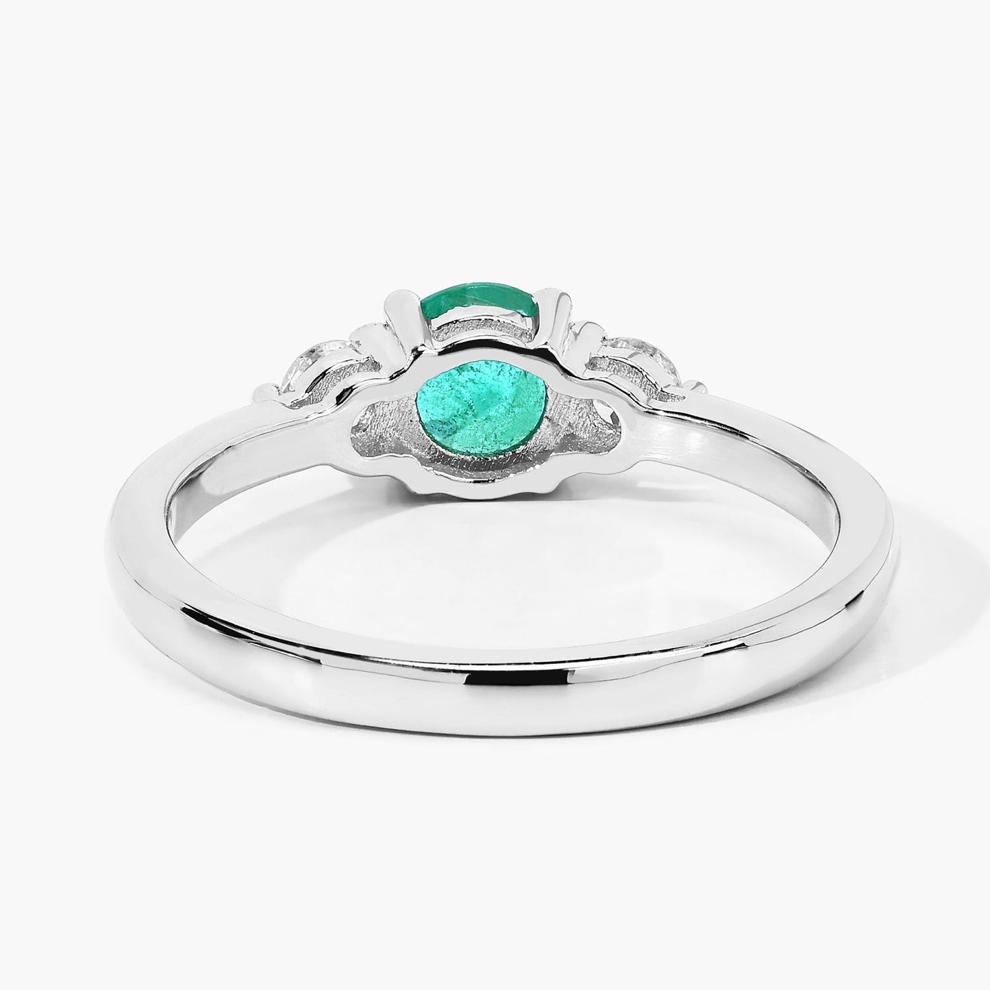 0.42 Ct Round Green Zambian Emerald & Lab Diamond Prong Silver Three Stone Ring