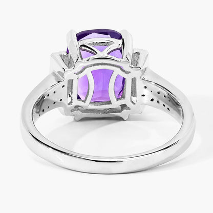 2.60 Ct Cushion Purple Amethyst and Lab Diamond Prong Silver Statement Ring
