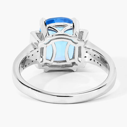 3.50 Ct Cushion Swiss Blue Topaz and Lab Diamond Prong Silver Statement Ring