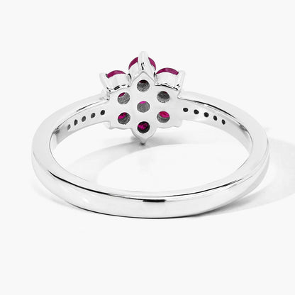 0.49 Ct Round Red Mozambique Ruby and Lab Diamond Prong Silver Pave Floral Ring