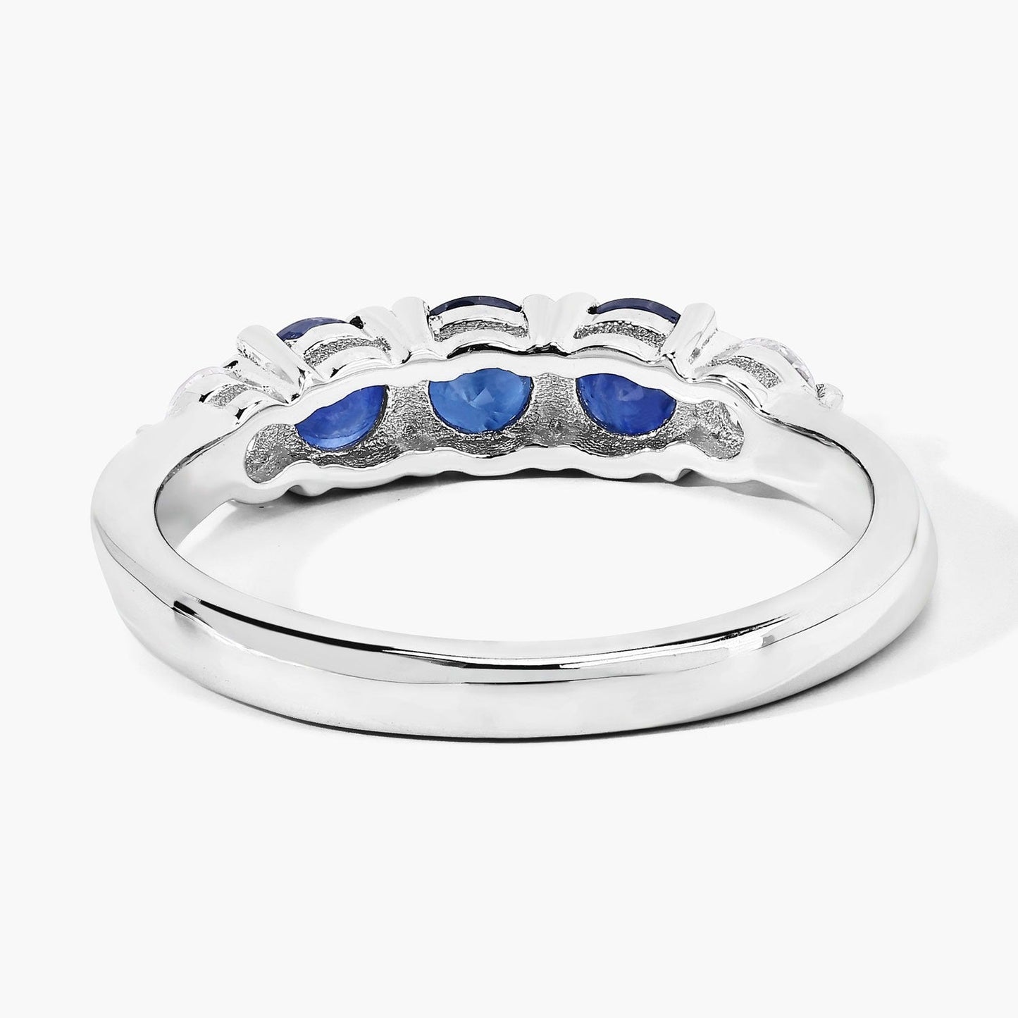 0.90 Ct Round Blue Sapphire & Lab Diamond Prong Silver Five Stone Ring