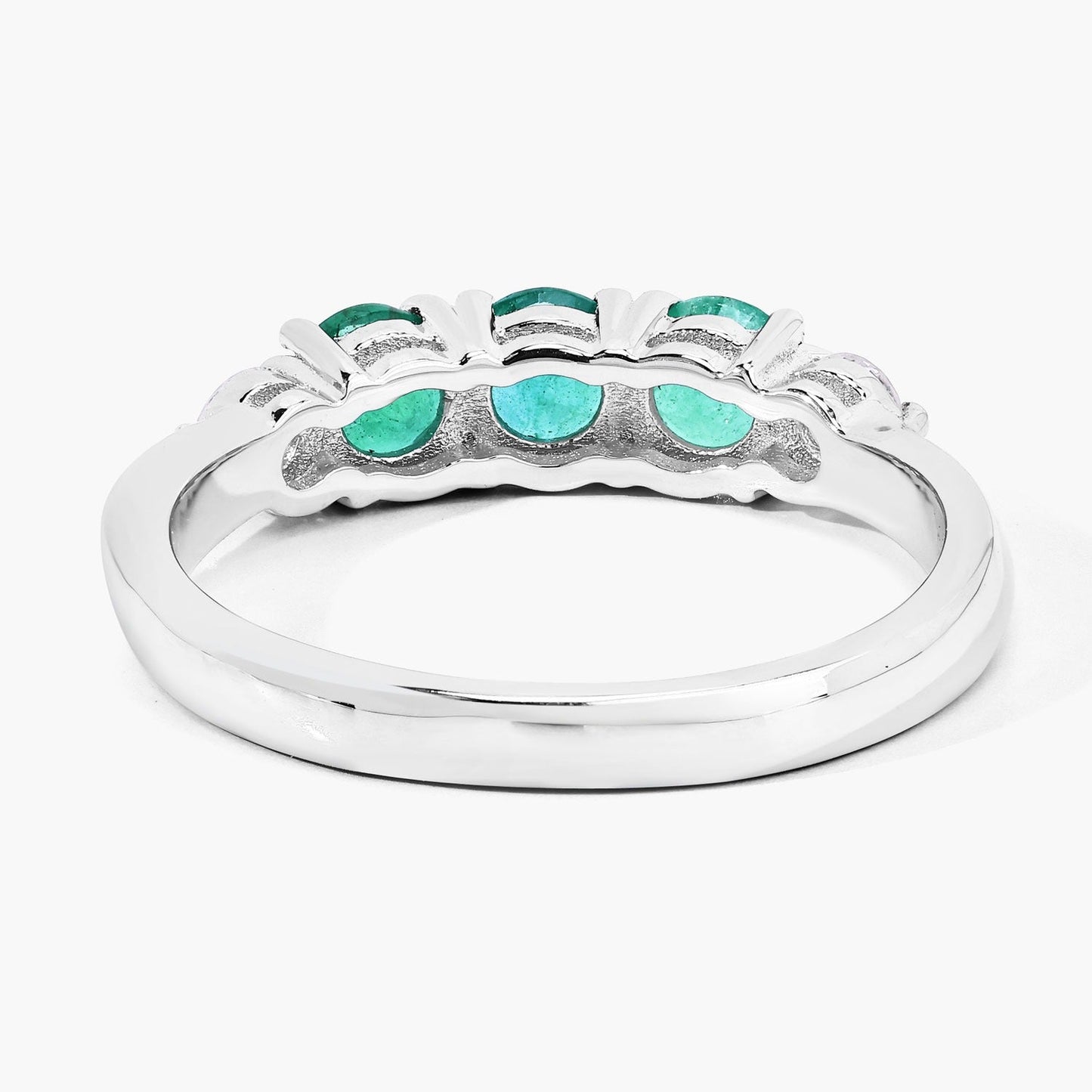 0.69 Ct Round Green Zambian Emerald & Lab Diamond Prong Silver Five Stone Ring