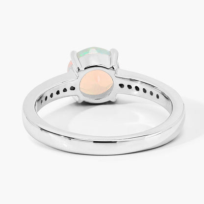 0.65 Ct Round White Ethiopian Opal & Lab Diamond Prong Silver Pave Bridge Ring