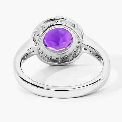 1.80 Ct Round Purple Amethyst & Lab Diamond Prong Silver Pave Halo Statement Ring