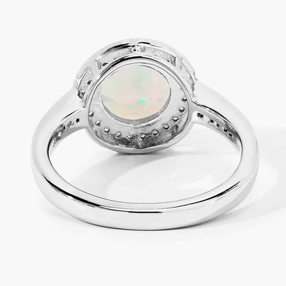 0.90 Ct Round White Ethiopian Opal Lab Diamond Prong Silver Pave Halo Ring