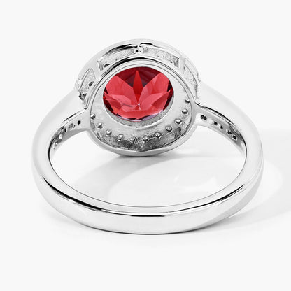 2.25 Ct Round Red Mozambique Garnet and Lab Diamond Prong Silver Pave Halo Ring