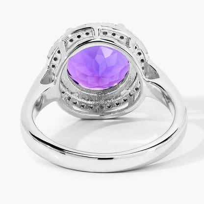 3.30 Ct Round Purple Amethyst Lab Diamond Prong Silver Halo Ring