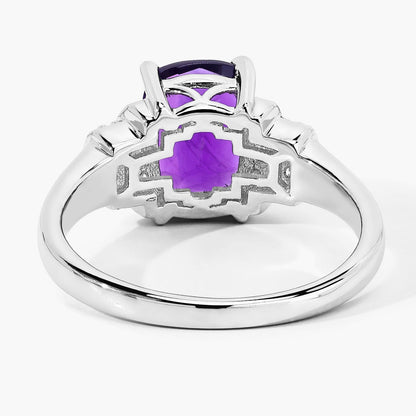 1.45 Ct Cushion Purple Amethyst Lab Diamond Prong Silver Bridge Ring