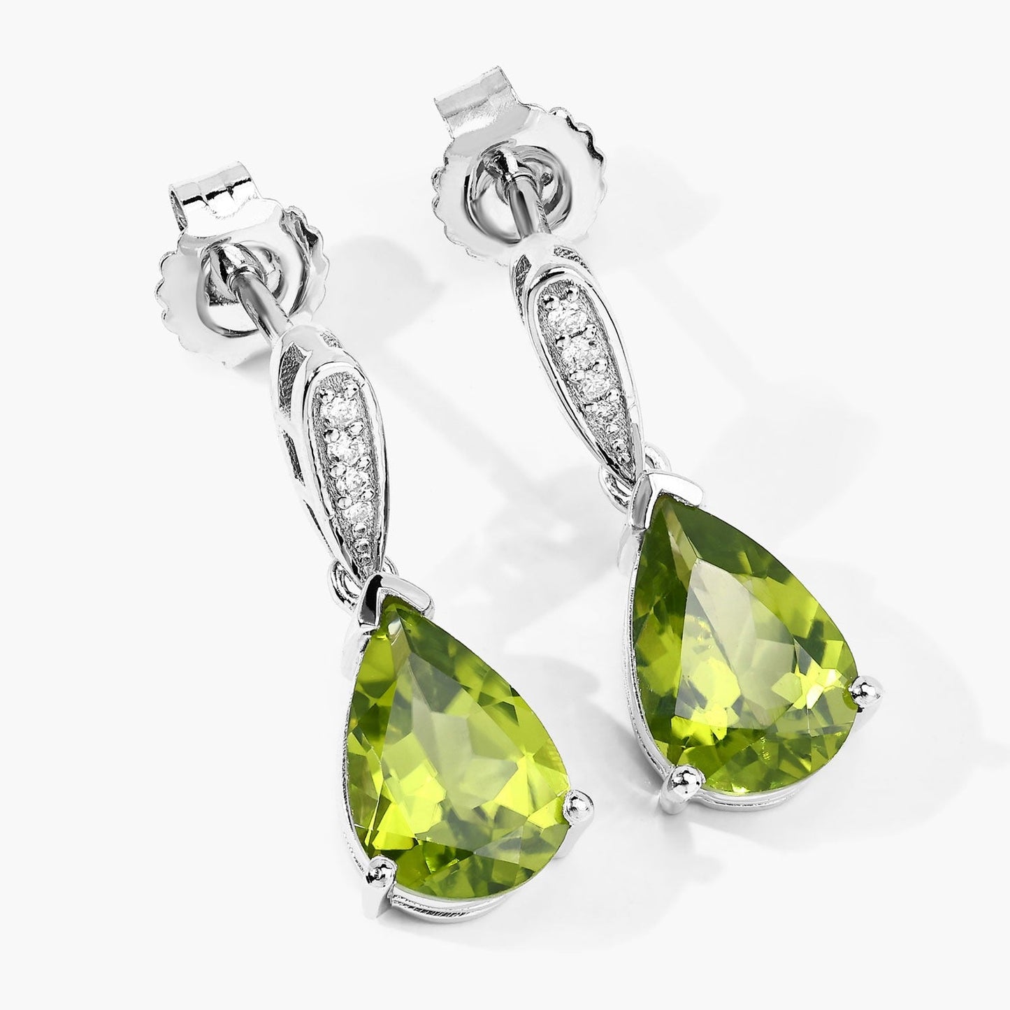 2.70 Ct Pear Green Peridot & Lab Diamond V-Prong Silver Teardrop Dangle Earrings