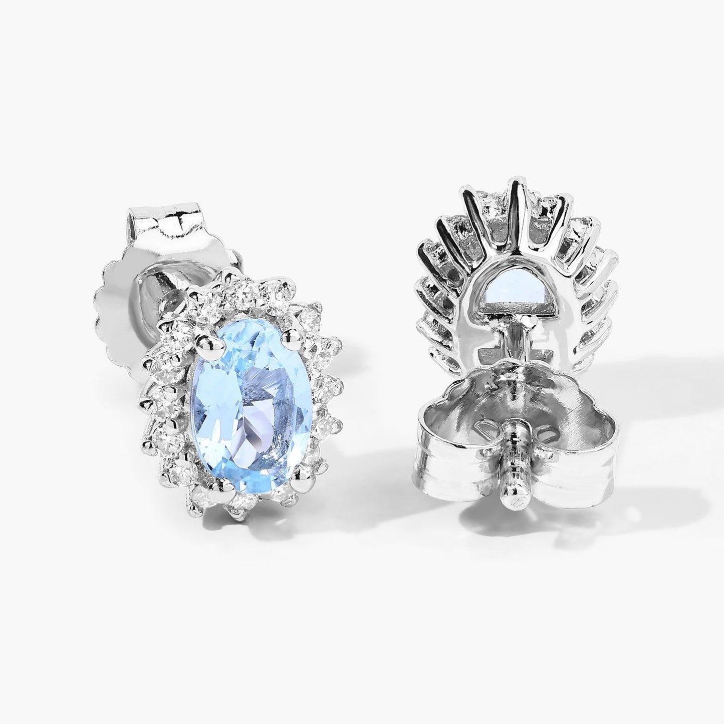 0.80 Ct Oval Blue Aquamarine & Lab Diamond Prong Silver Halo Basket Stud Earrings