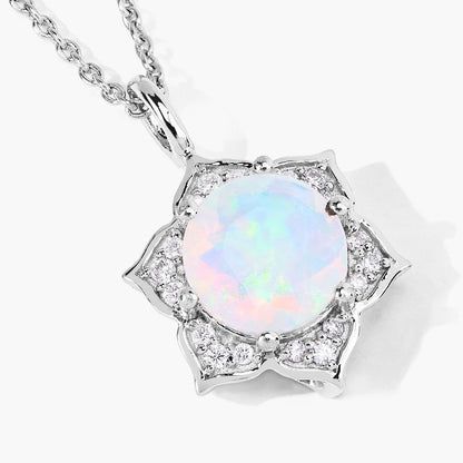 0.90 Ct round white Ethiopian Opal and Lab Diamond prong Silver flower pendant Necklace