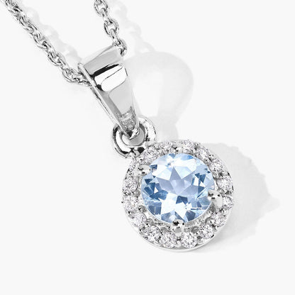 0.38 Ct round blue Aquamarine & Lab Diamond prong Silver Halo pendant Necklace