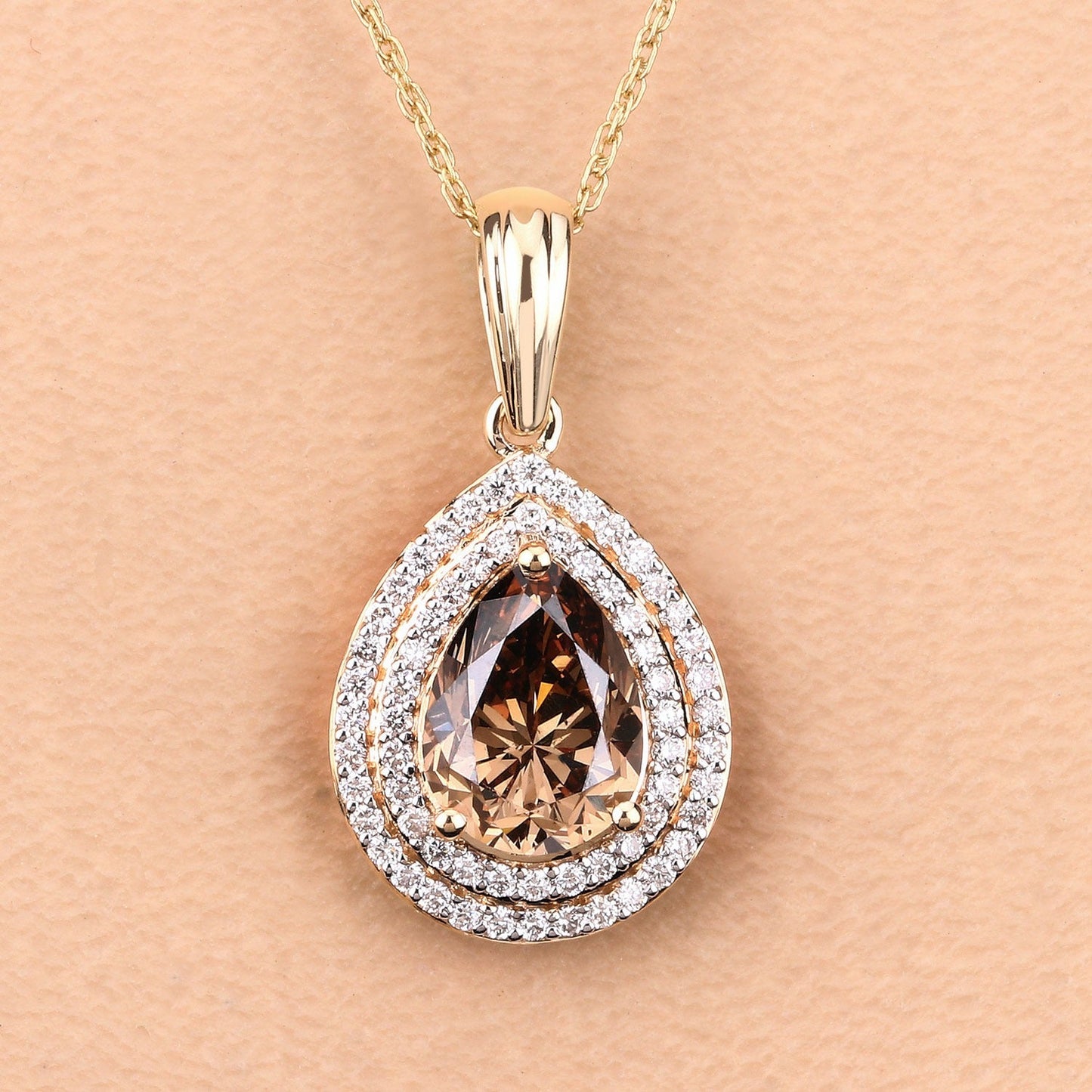 2.01 Ct Genuine Pear Brown Diamond  18K Yellow Gold Statement Pendant